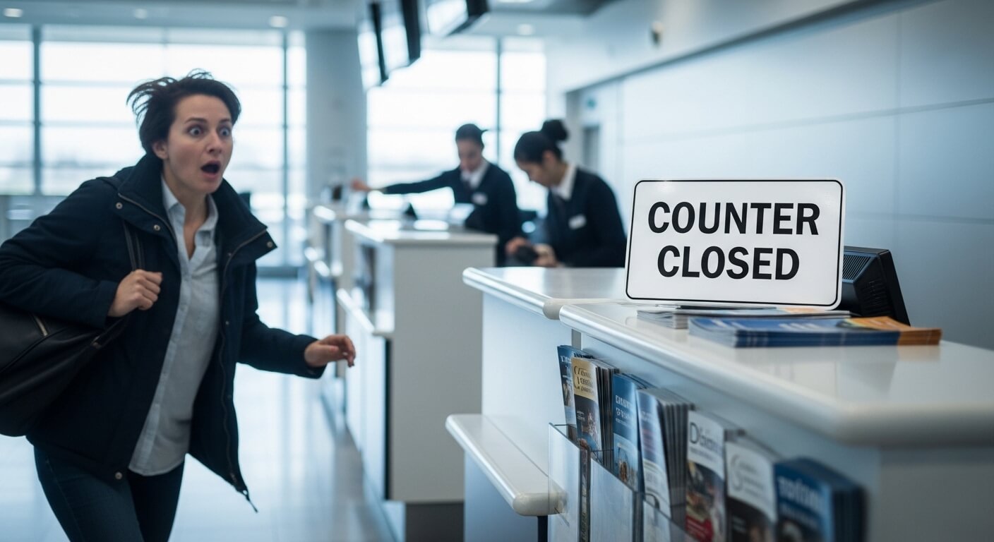 Woman with surprised expression approaching a counter with a "COUNTER CLOSED" sign in an airport or service area.