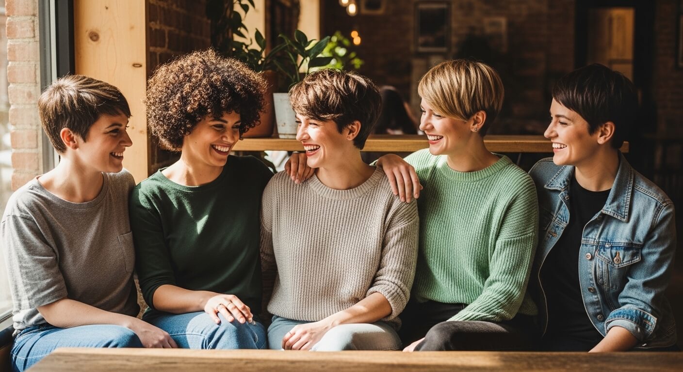 Five women with short hair sitting closely and smiling in a cozy indoor setting with casual clothing