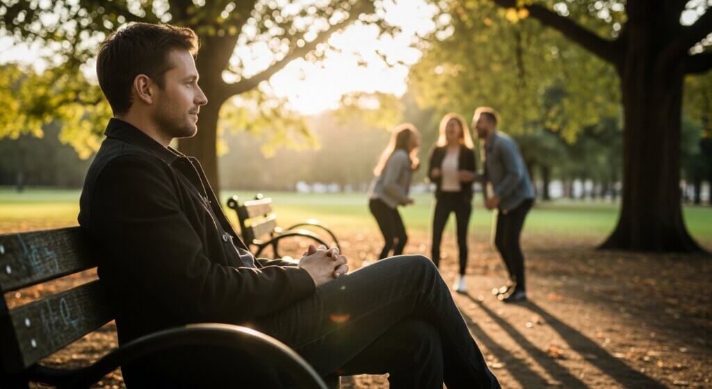 Man sitting alone on a park bench looking at three people laughing together in the background at sunset