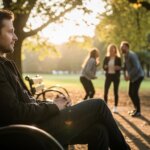 Man sitting alone on a park bench looking at three people laughing together in the background at sunset