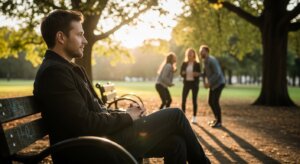 Man sitting alone on a park bench looking at three people laughing together in the background at sunset