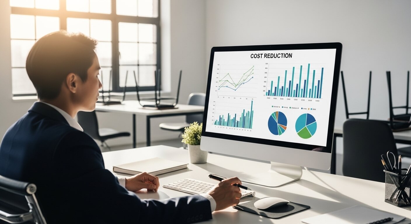 Man in suit analyzing cost reduction charts on a desktop computer in a modern office setting