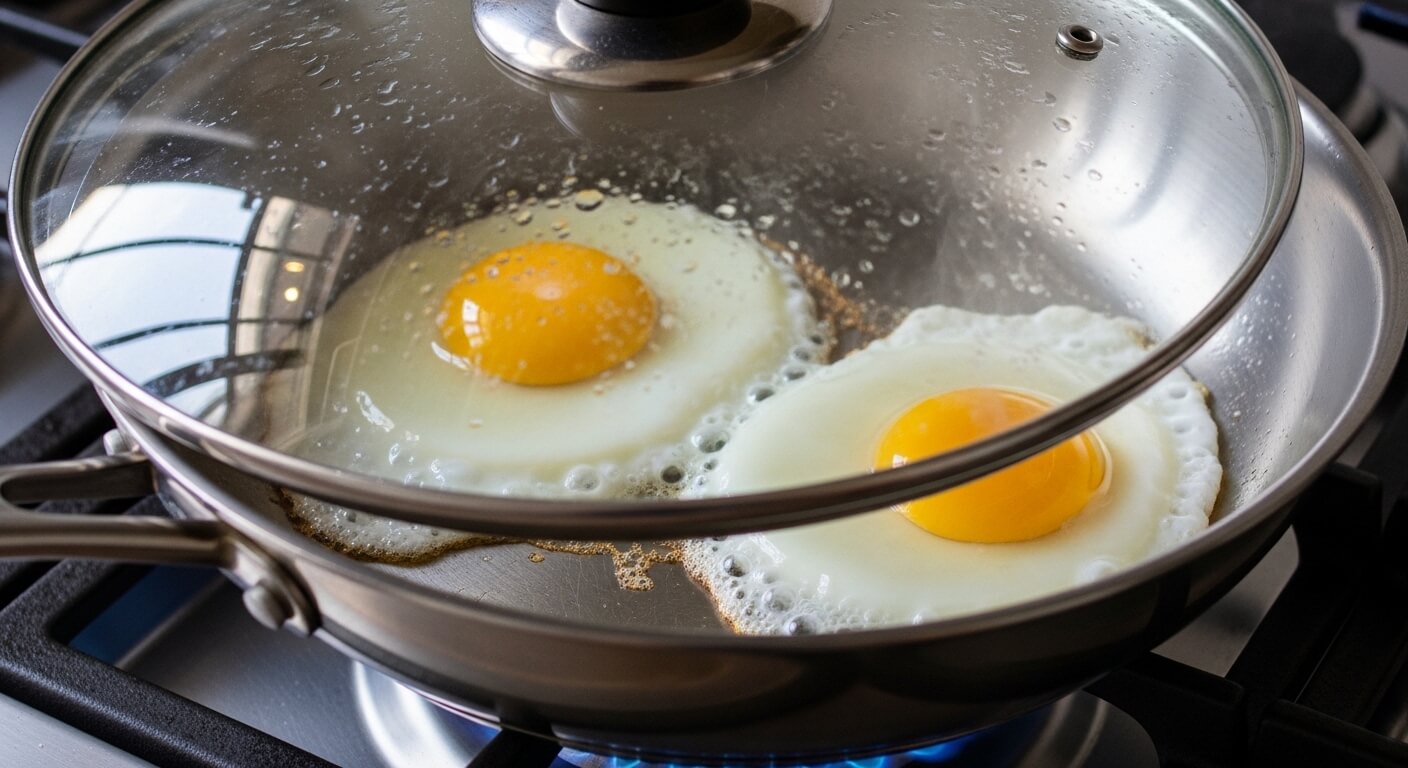 Two sunny-side-up eggs cooking in a stainless steel pan with a glass lid on a gas stove.