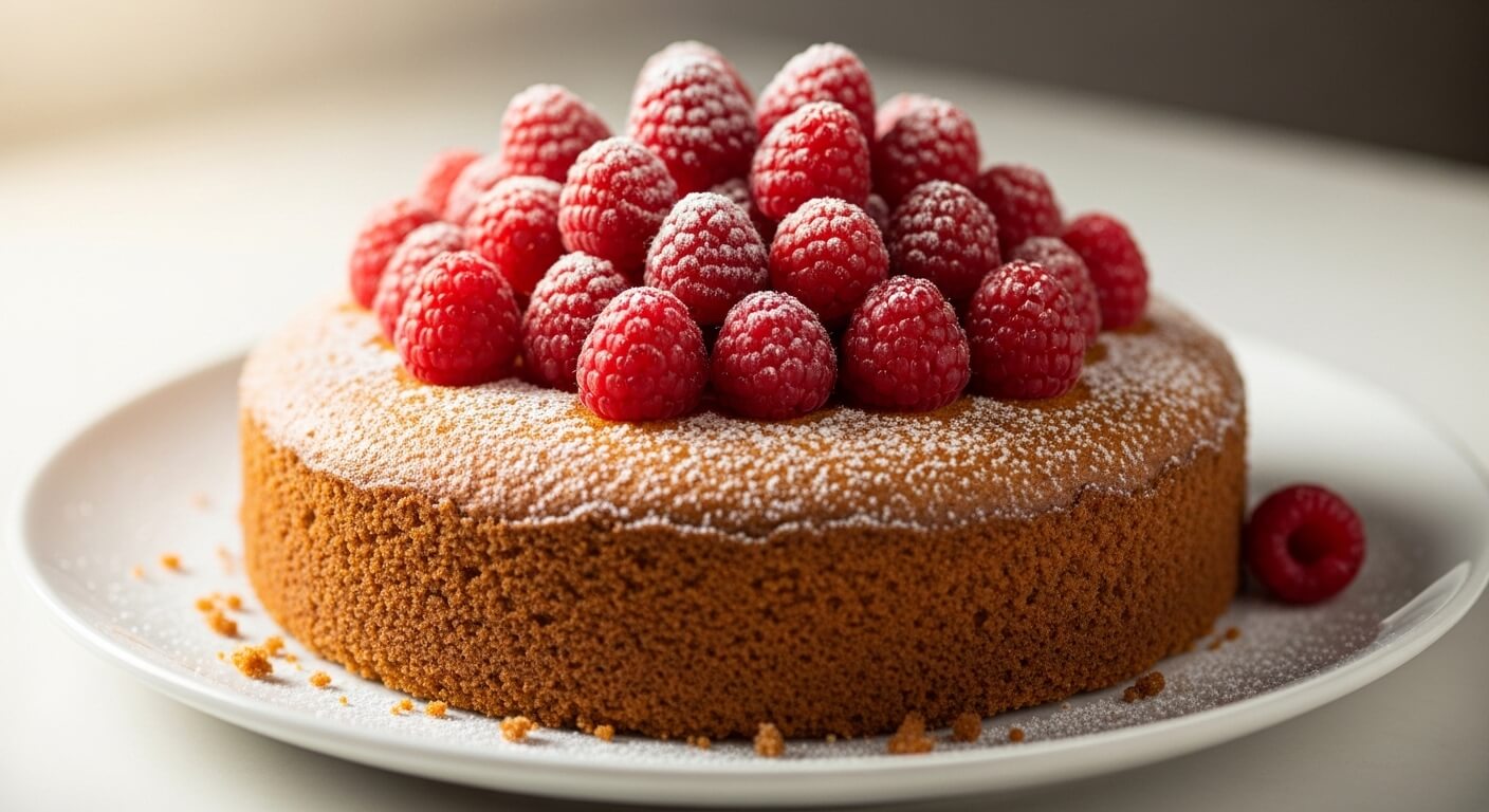 Round sponge cake topped with powdered sugar and fresh raspberries on a white plate