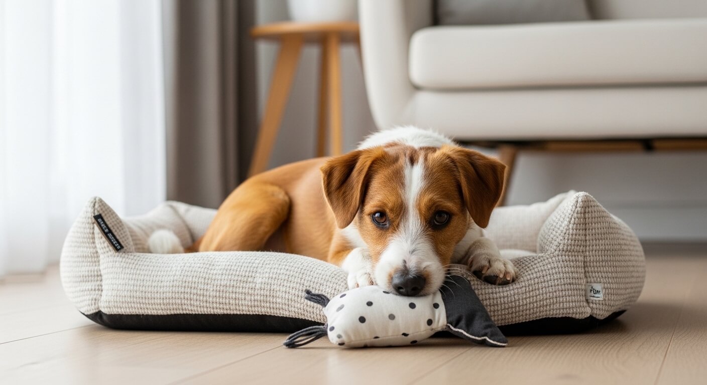 Brown and white dog lying on a beige dog bed chewing a black and white polka dot toy in a living room