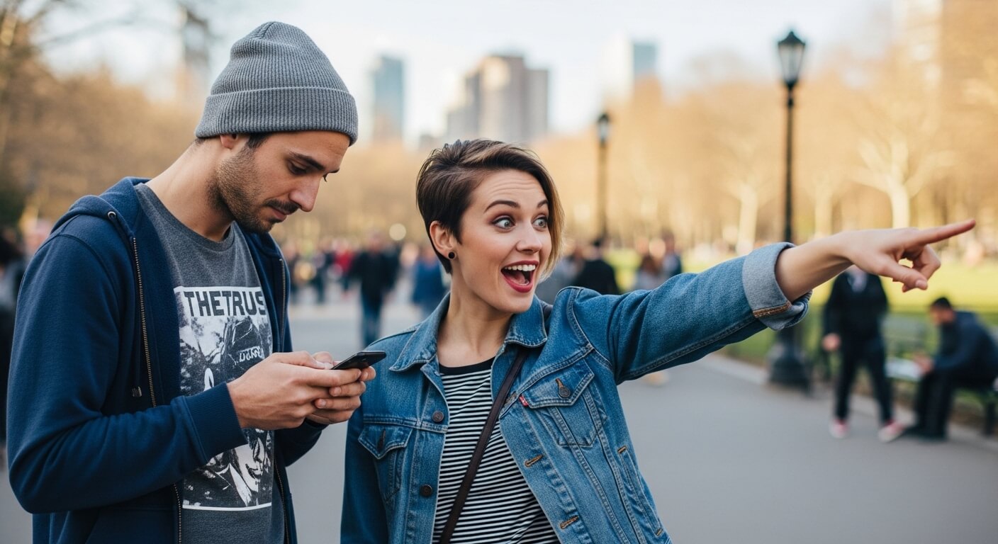 Young woman excitedly pointing while man in beanie looks at his phone in a city park walkway