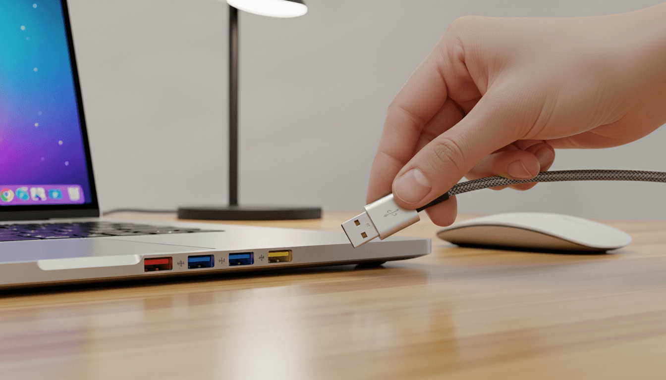 Hand plugging a USB cable into a laptop with multiple colored USB ports on a wooden desk.