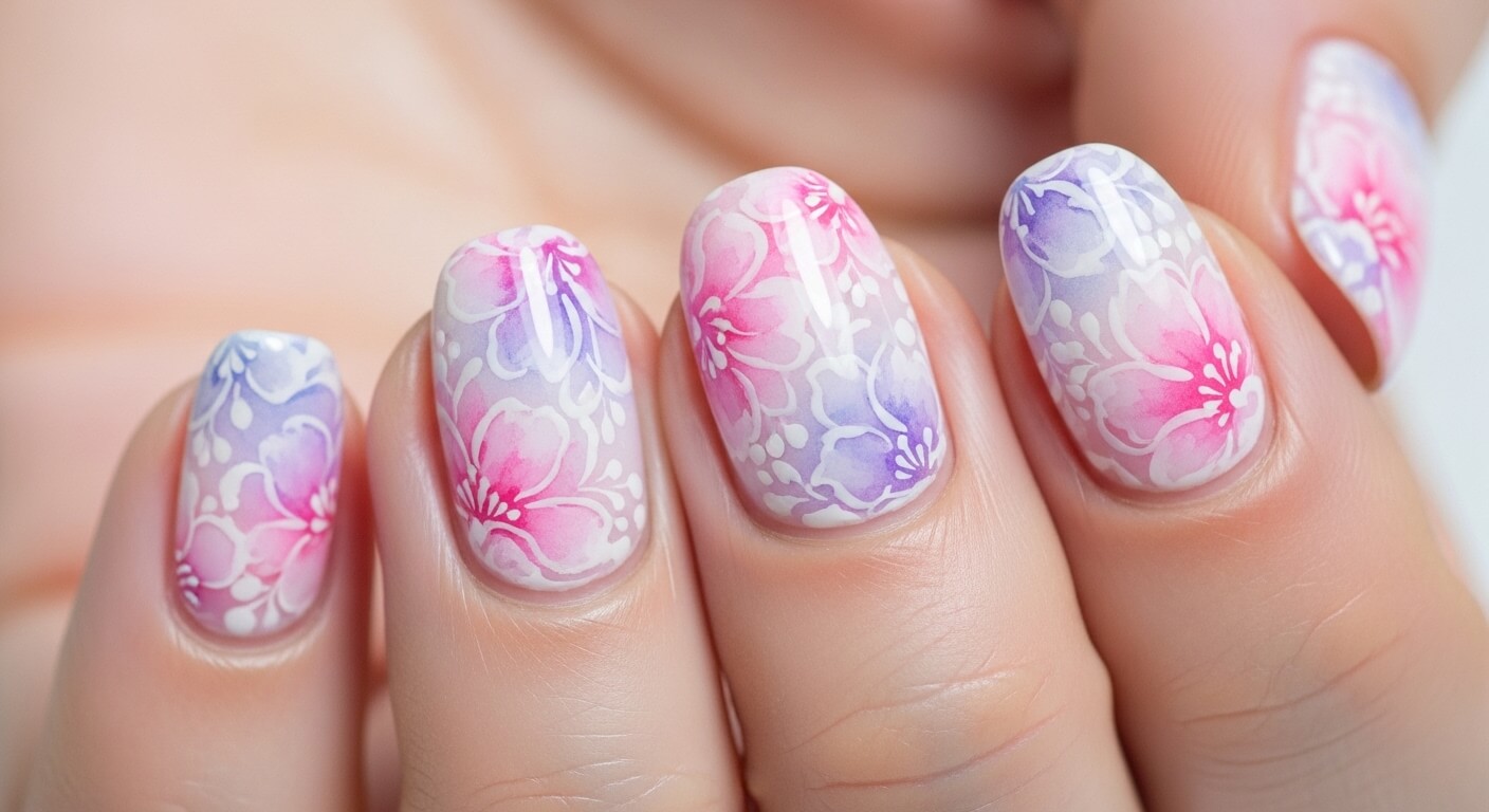 Close-up of nails with pink and purple floral watercolor nail art design.