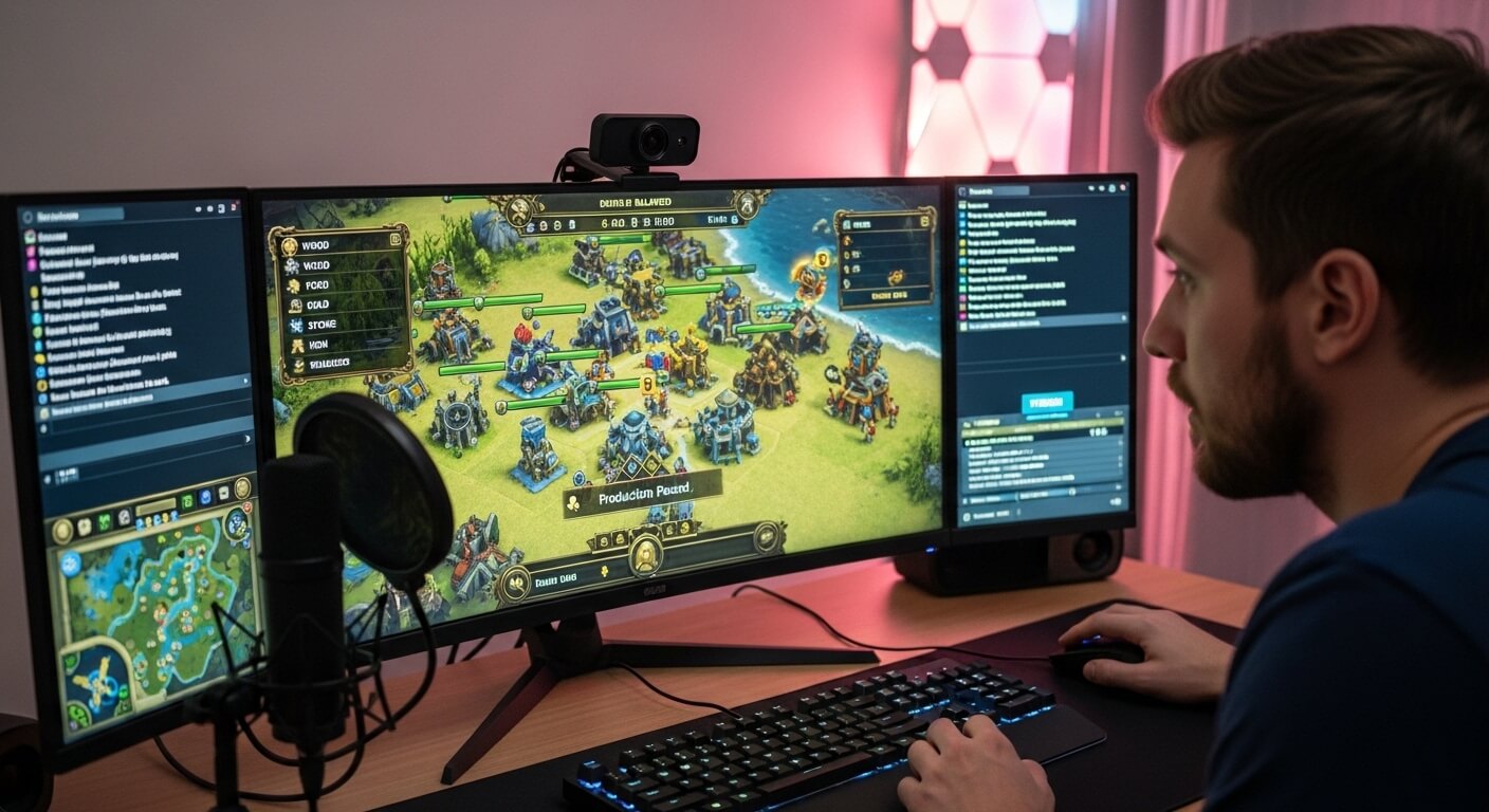 Man playing a real-time strategy game on a triple-monitor PC setup with a microphone and RGB keyboard