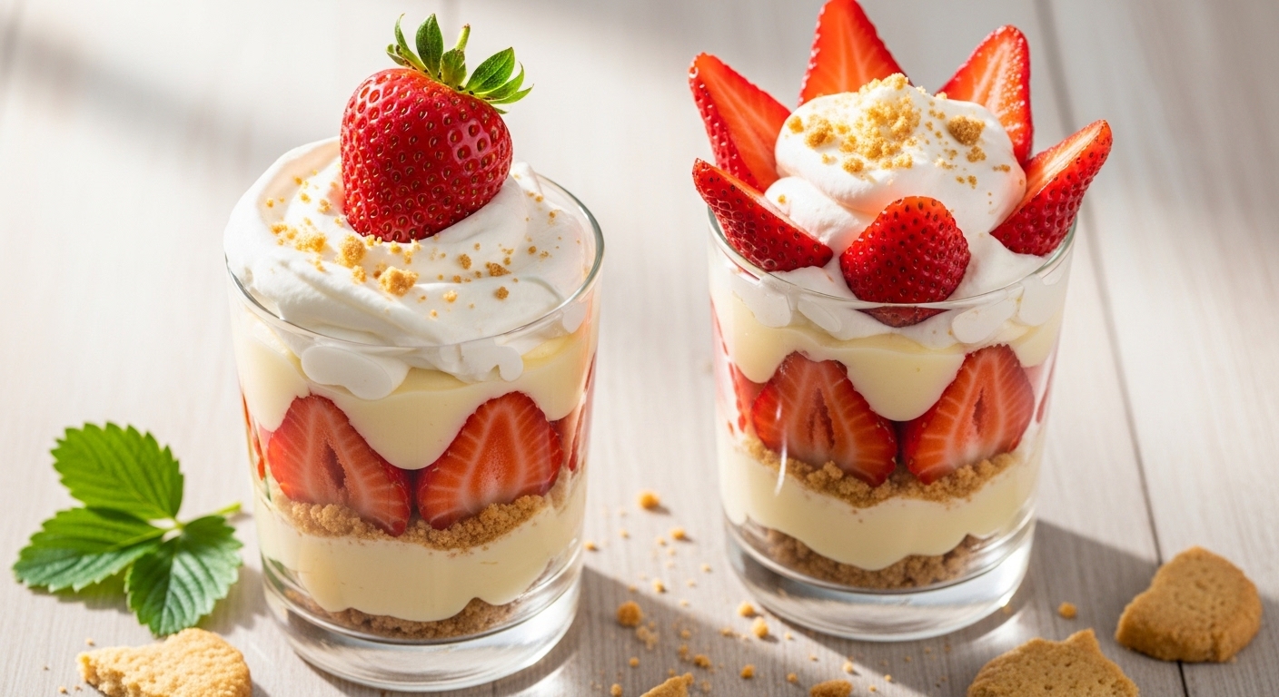 Two strawberry parfaits with whipped cream and graham cracker crumbs in clear glasses on a light surface
