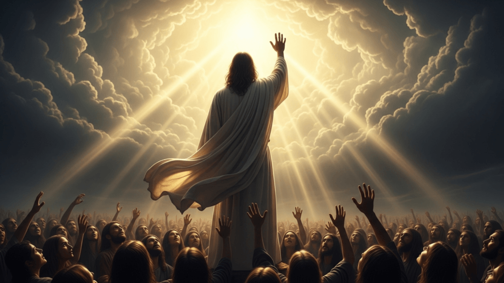 Jesus in white robe raising hand toward radiant light in the sky, surrounded by a crowd reaching up.
