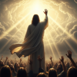 Jesus in white robe raising hand toward radiant light in the sky, surrounded by a crowd reaching up.