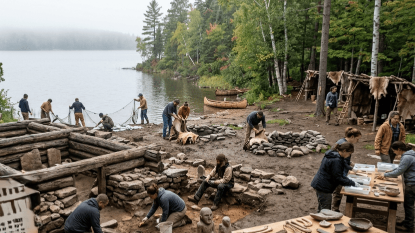 People engaging in traditional fishing, crafting, and building activities at a lakeside historical reenactment site.