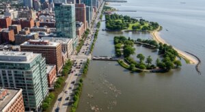 Aerial view of a flooded city street next to a park with trees and water along a lakeshore.
