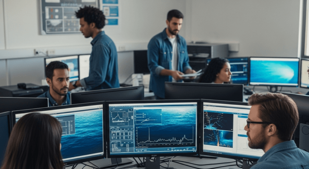 Diverse group of professionals analyzing data on multiple computer monitors in a modern office.