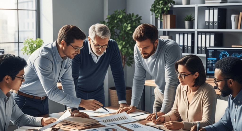 Six diverse colleagues collaborating over charts and documents in a modern office meeting room.