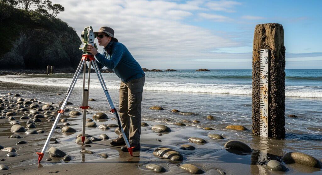 Surveyor using a theodolite on a rocky beach near a water level measuring post covered in barnacles