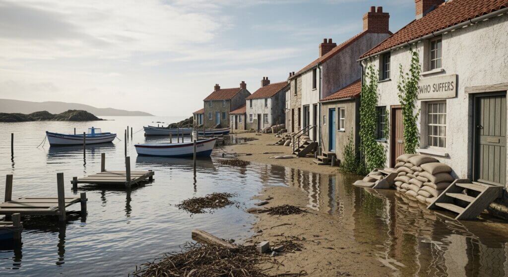 Flooded coastal village with boats moored and sandbags protecting houses along the shore
