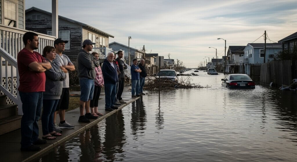 Residents stand on a flooded street with partially submerged cars and debris after a natural disaster.