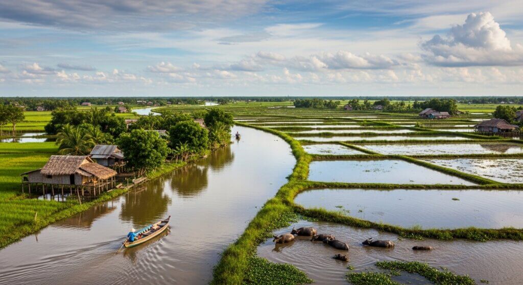 Person rowing a boat on a river beside rice paddies with water buffaloes bathing in the water in a rural landscape