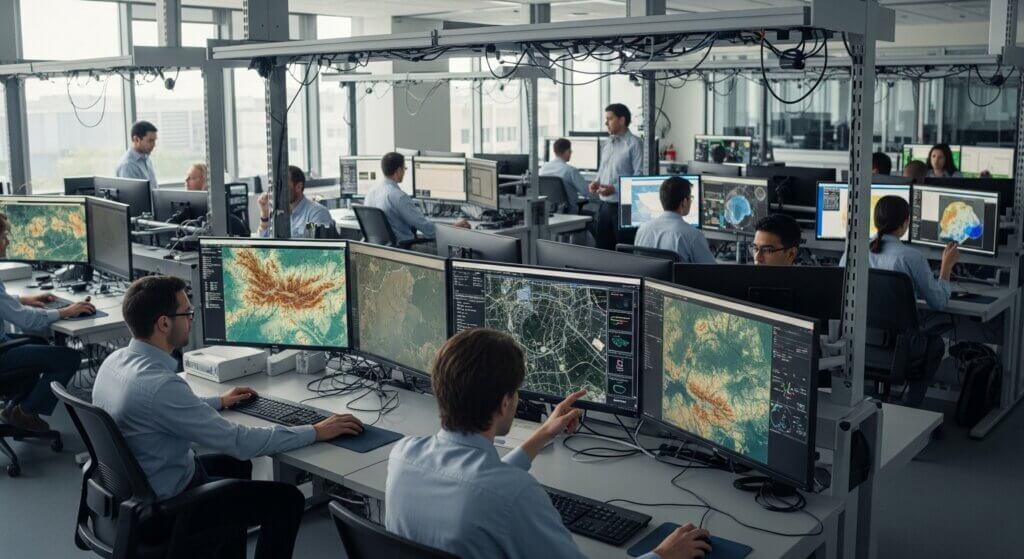 Team of analysts working on geographic and data mapping software in a modern office environment