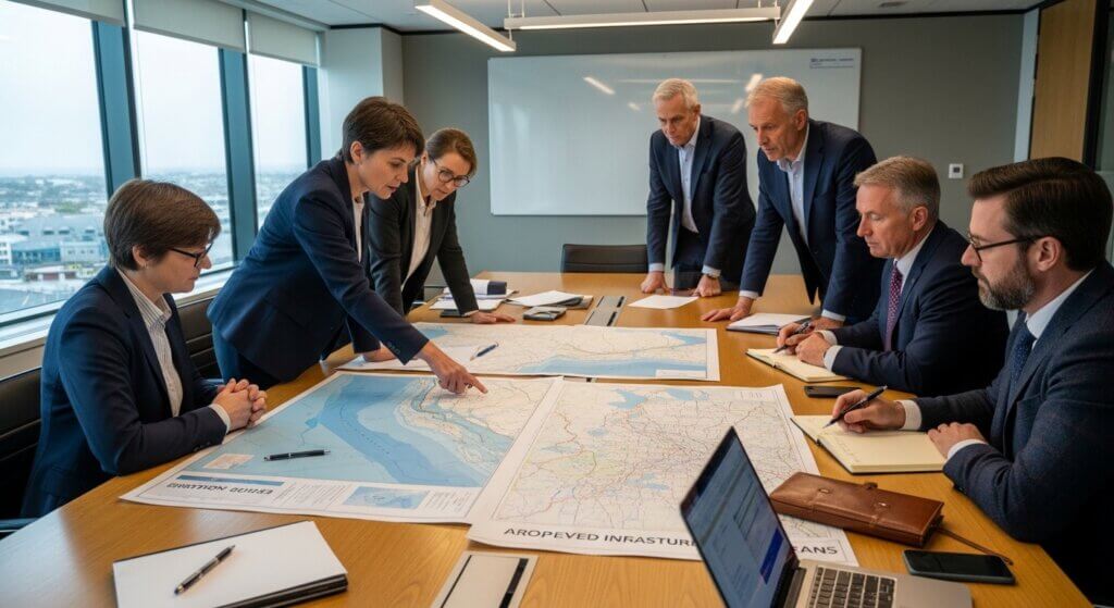 Seven business professionals in suits discuss and analyze large maps spread on a conference table in a modern office.