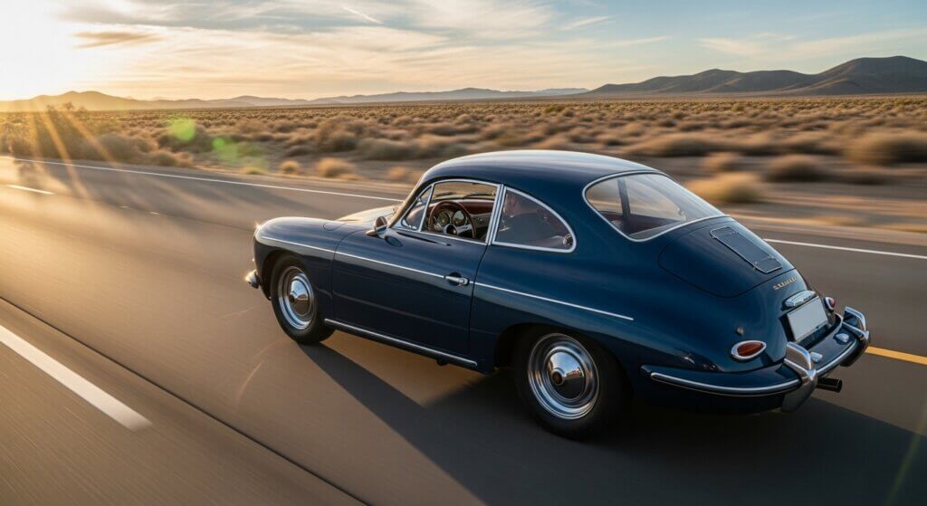 Blue vintage Porsche 356 driving on a desert highway at sunset with mountains in the background.