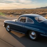 Blue vintage Porsche 356 driving on a desert highway at sunset with mountains in the background.