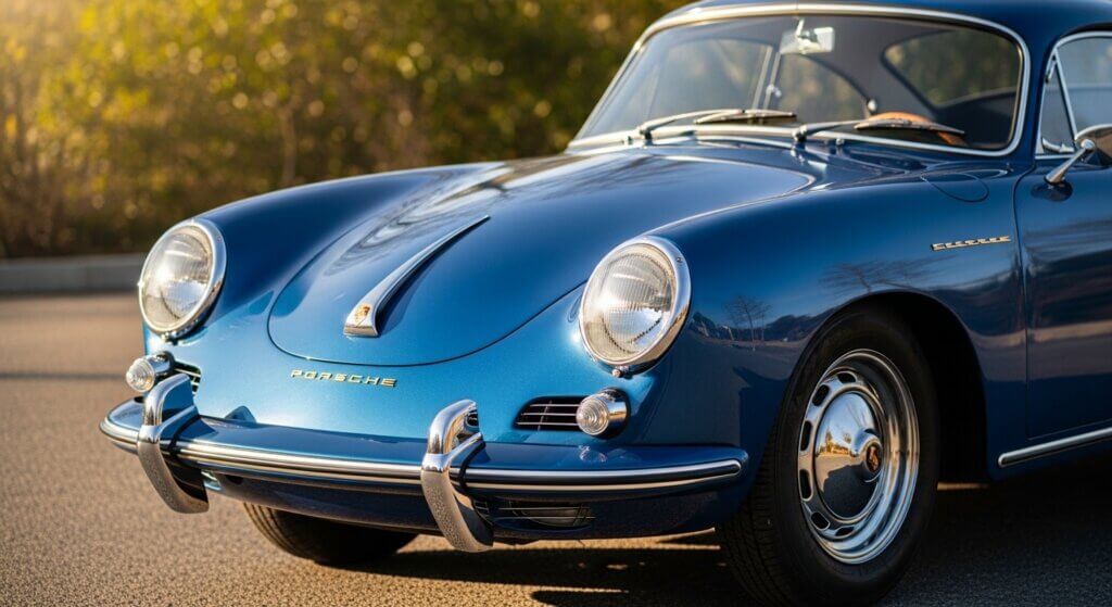 Front view of a blue classic Porsche 356 coupe with chrome bumper and round headlights in sunlight.