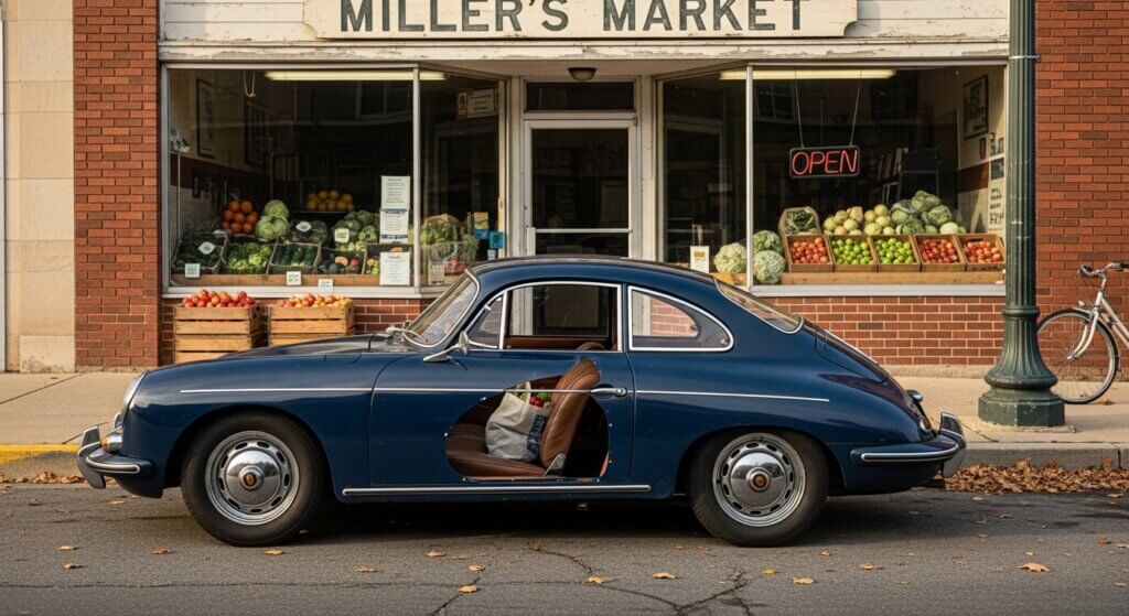 Blue vintage Porsche 356 parked in front of Miller's Market with a grocery bag on the passenger seat.