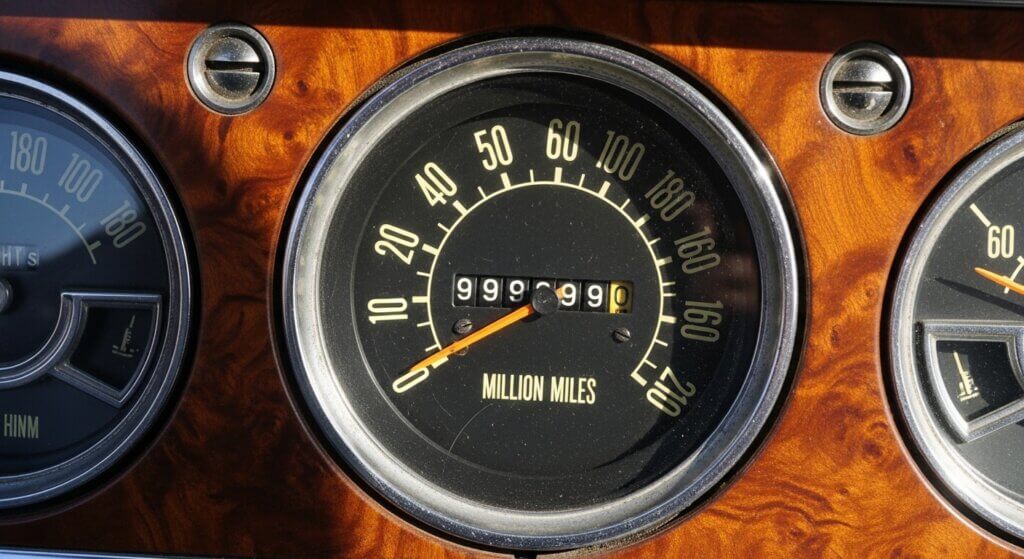 Car odometer showing 999,999 million miles on a wood grain dashboard panel.
