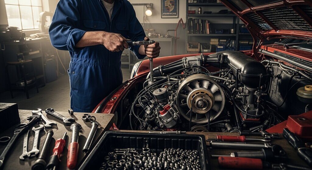 Mechanic in blue coveralls repairing a Porsche engine with various tools on a workbench nearby.