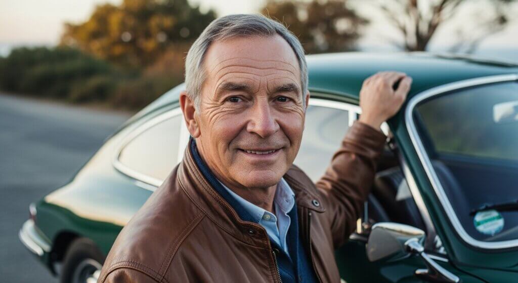 Smiling older man in brown leather jacket standing next to a green vintage car outdoors.