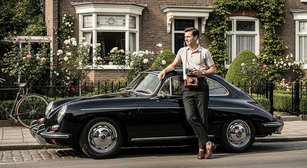 Man in vintage clothing holding cameras leaning on a black classic Porsche 356 parked on a street with flowers and brick houses.