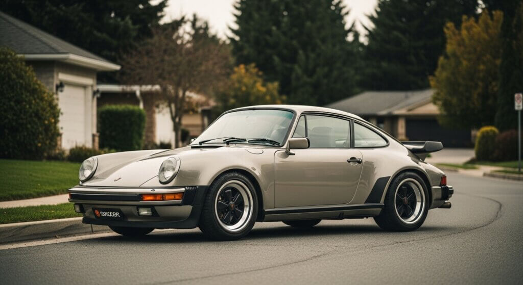 Beige Porsche 911 classic sports car parked on a suburban street with trees and houses in the background.