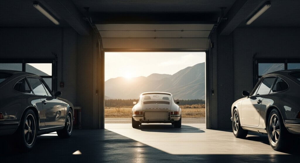 Three classic Porsche 911 cars in a garage with one facing a sunset over mountains.