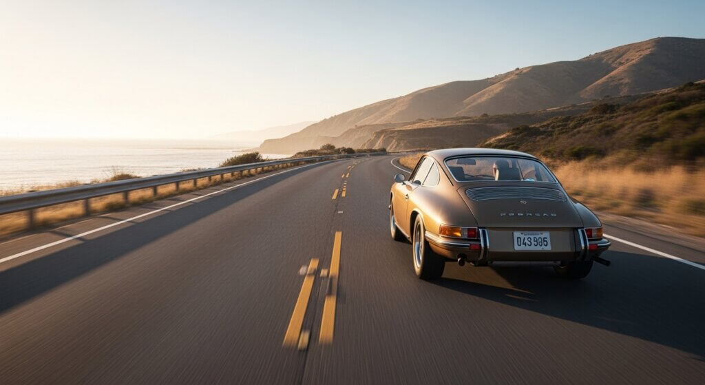 Classic Porsche 911 driving on a coastal highway with mountains and ocean in the background at sunset.