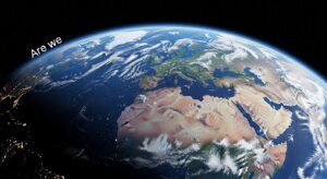 View of Earth from space showing Europe, Africa, and the Middle East with partial night lights and clouds.