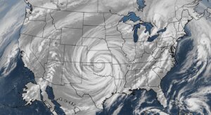Satellite image showing a large swirling storm system over the central United States.