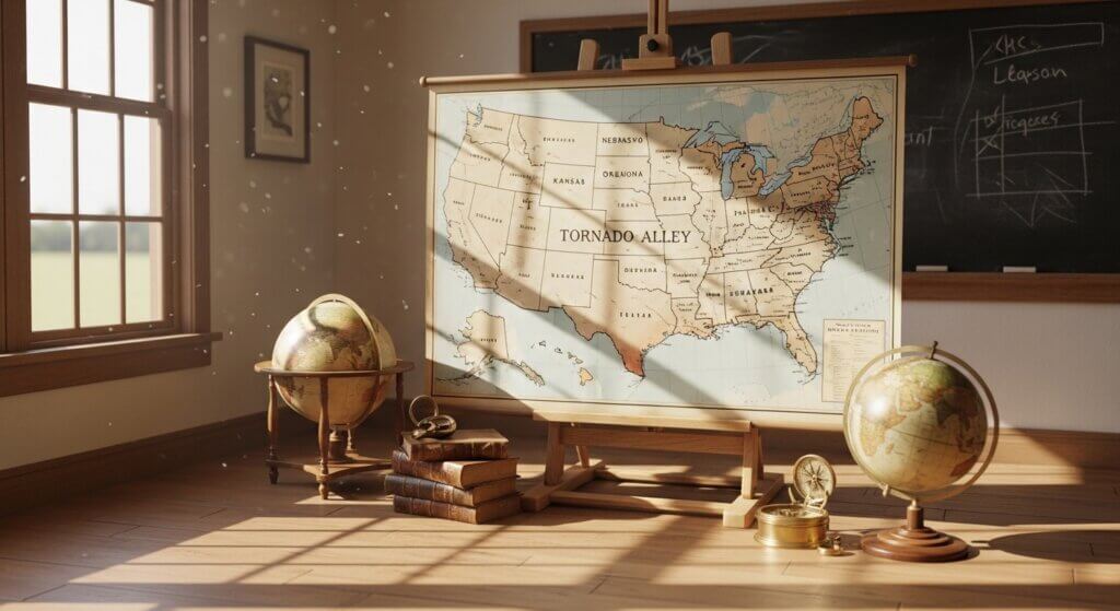 Classroom setup with a map of Tornado Alley in the US, two globes, vintage books, and a compass on a wooden floor.