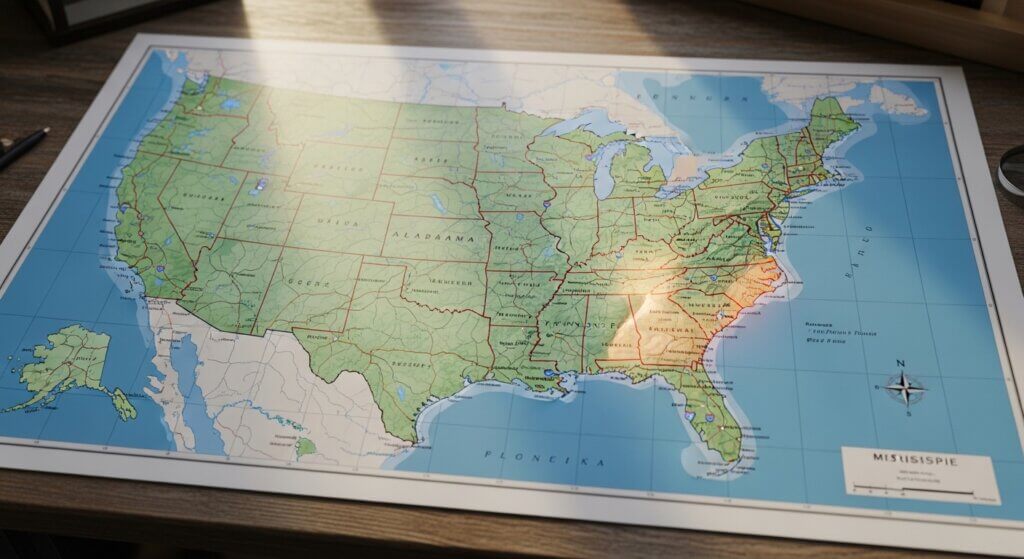Map of the United States with state borders and major highways, placed on a wooden surface with sunlight on it.
