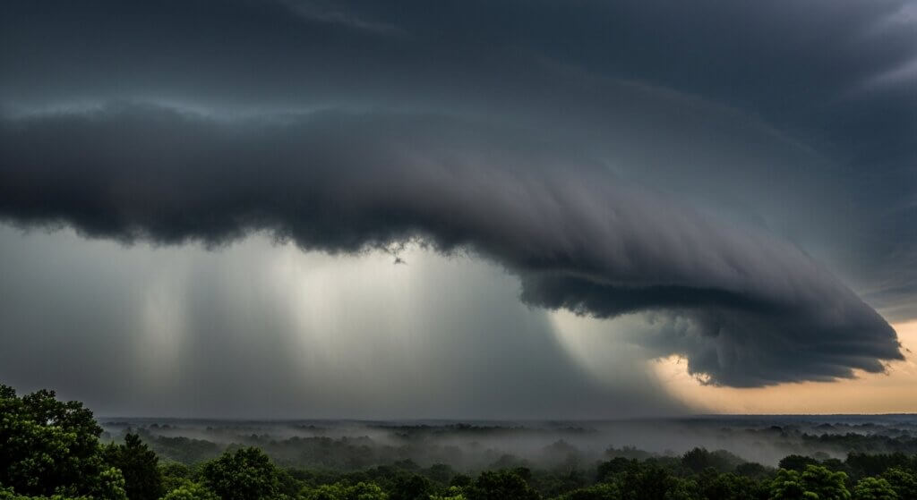 Shelf cloud over forest with heavy rain and mist at sunset