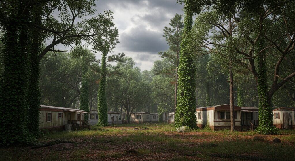 Abandoned trailer park surrounded by dense trees with ivy-covered trunks under a cloudy sky.