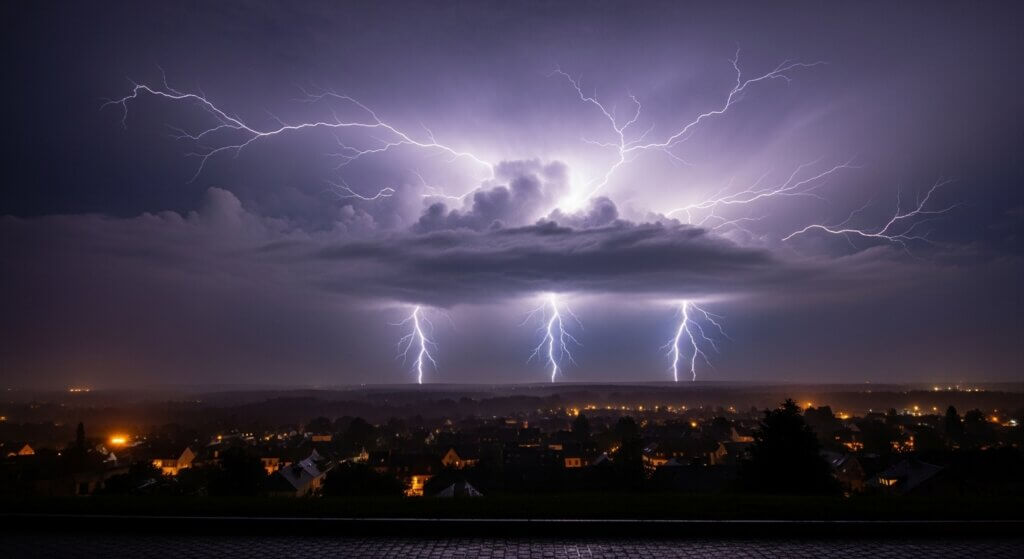 Multiple lightning bolts striking from a large cloud over a town at night with illuminated houses below.