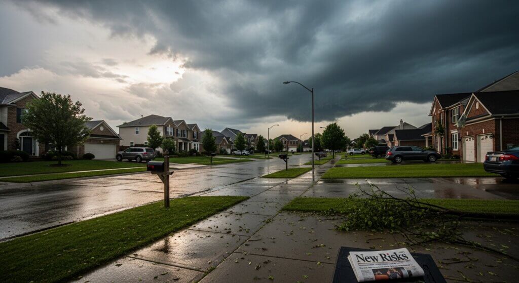 Wet suburban street with dark storm clouds, fallen tree branches, and a newspaper titled "New Risks" on the sidewalk.