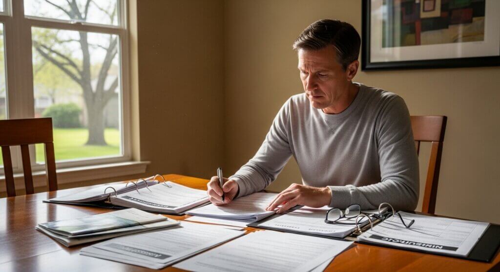 Man in gray sweater working on paperwork at a wooden table near a window with glasses and binders labeled "NINTENDO"