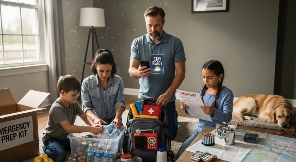Family packing emergency prep kit with supplies and checklist while dog rests nearby in living room