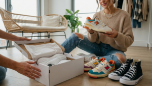 Woman sitting on floor holding New Balance sneakers with other shoes and an open shoebox nearby