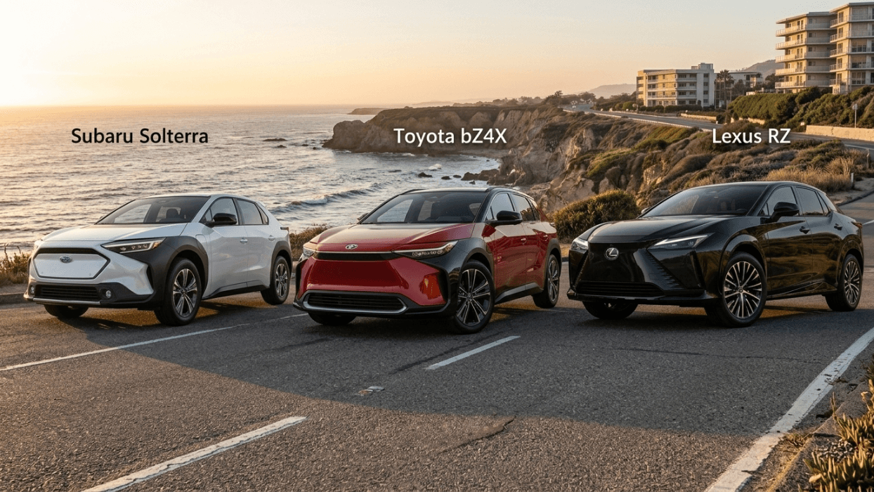 White Subaru Solterra, red Toyota bZ4X, and black Lexus RZ parked by coastal road at sunset