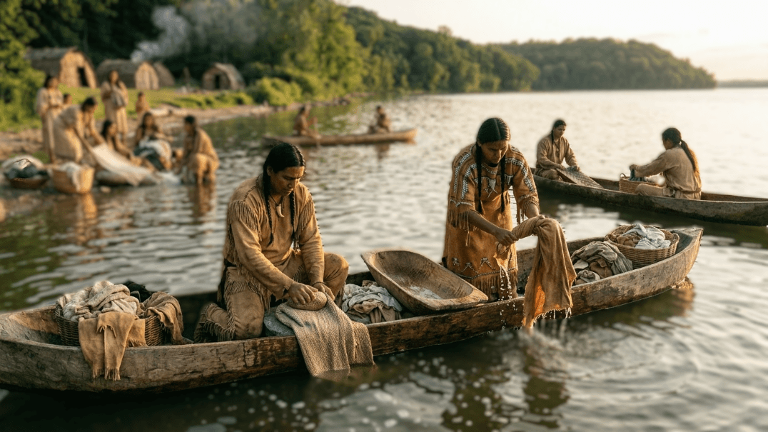 Indigenous people washing and scrubbing clothes in wooden canoes on a river near traditional huts.